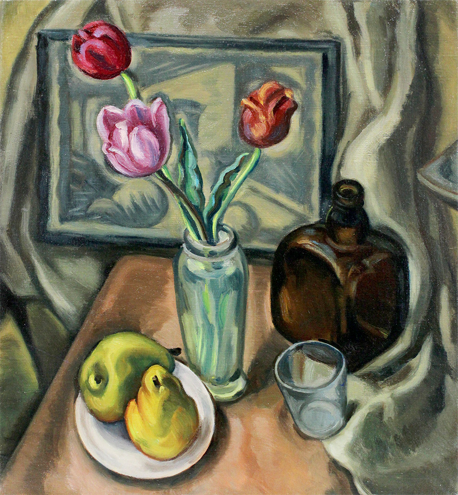 Still Life with Tulips, Pears, and Bottle